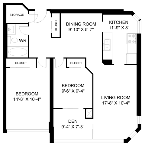 Floor plan for 2 beds, 1 bath, 984 sqft